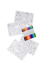Load image into Gallery viewer, Playdate Pack: 4 Reusable Coloring Mats with 12 Markers
